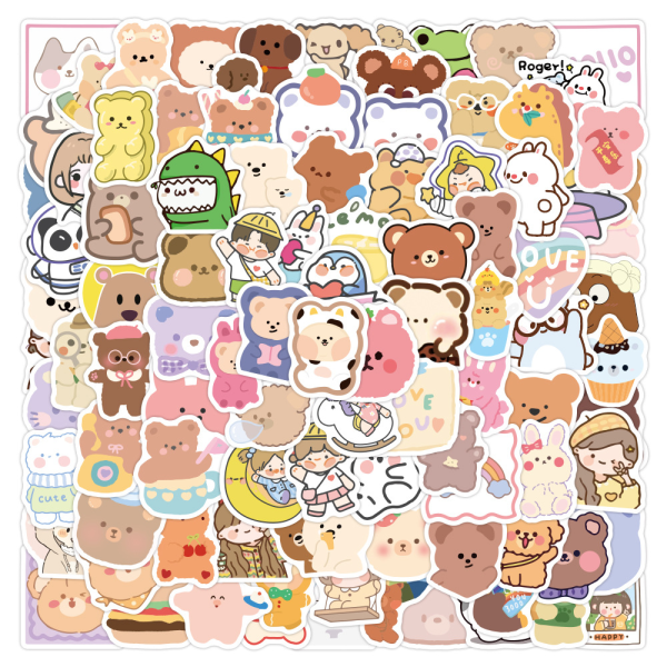 100 klistermärken med söta björnar og flickiga tegnede figurer