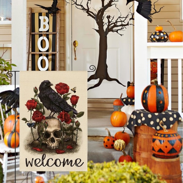 IC Halloween Tervetuloa Kallo Ruusu Varis Puutarha Lippu kaksisivuinen, Kuolleiden Päivä Loma Piha Ulkona Koristeellinen Lippu 12 x 18 tuumaa