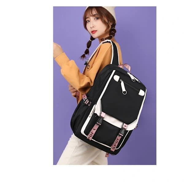 School Bag Large Capacity Backpack Multi-layer Shoulder Bag - Black with White