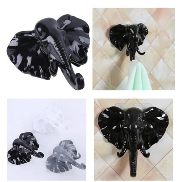 IC 1 stk elefant hoved selvklæbende væg/dørkrog, nøglekrog Sort