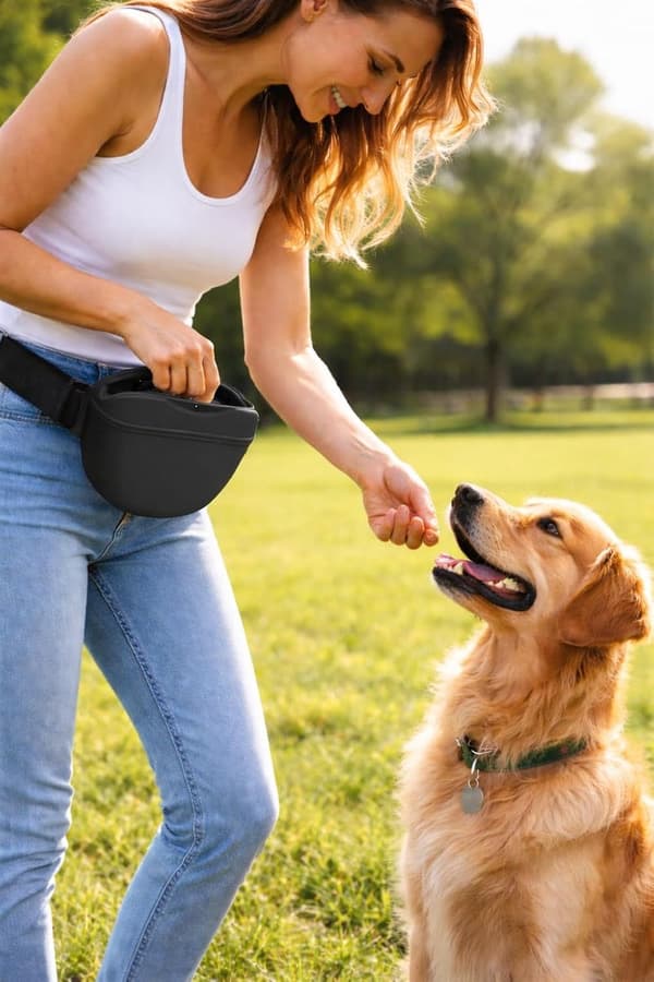 Hundetaske til godbidder, håndfri snackpose i silikone med justerbart taljebælte til gåture, lydighedstræning udendørs, sort