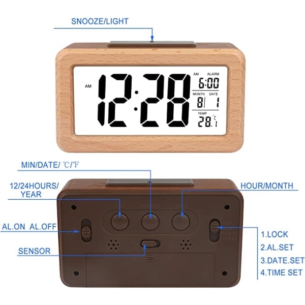 IC Lätt att ställa in digital väckarklocka i trä med temperatur