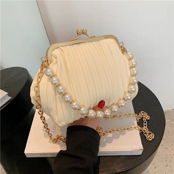 Shell Bag Small Tote with Pearl Handle PU Leather Women's Handbag Chain Shoulder Bag