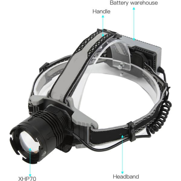 XHP70 Hodelykt, USB-ladehodelykt, Robust hodelykt med hodebånd, Digitalt display, Zoom, DUBUNS