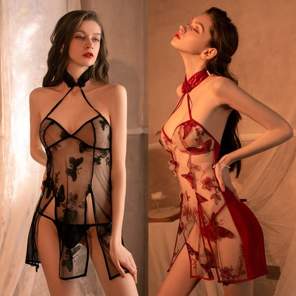 Seksikäs Perhonen-Kirjailtu Pyjama Retro Cheongsam Viininpunainen