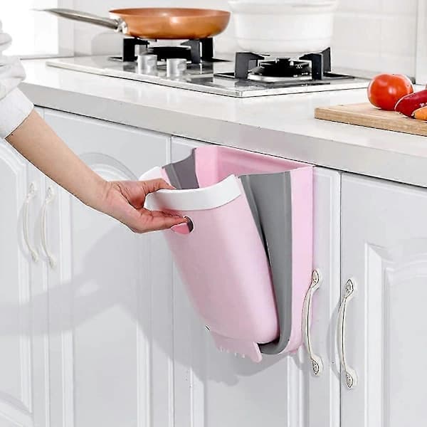 Wall-mounted kitchen waste bin for cabinets, hanging/foldable, for collecting vegetable peels (pink)