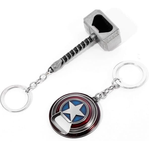 Kapteeni Amerikan avaimenperä pullonavaaja kilpi, Mjolnir avaimenperä pullonavaaja, Thorin vasara avaimenperä pullonavaaja IC