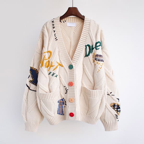 Stickad kofta med broderi för kvinnor, V-ringad design Off white