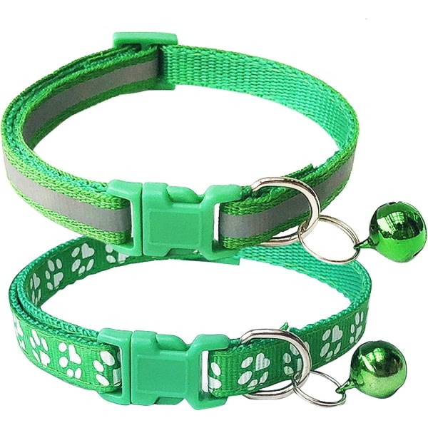 IC 2-pack fotavtryk og reflekterende katthalsband med klokke Basic hundkatthalsband Spænde justerbar polyester katt hundgrön