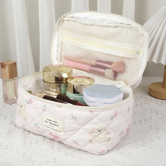 Skycases 3-pak makeuptaske sæt, quiltede kosmetiktasker i bomuld med lynlås, blomstrede rejsetoilettasker til kvinder, pink