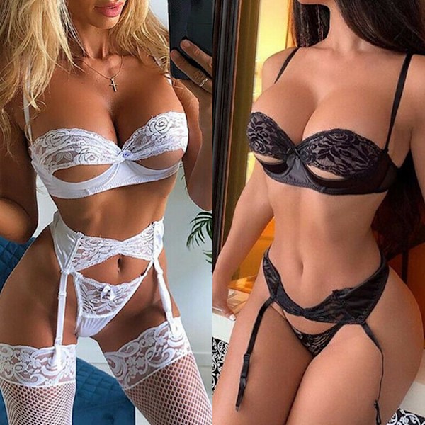 Sexigt underklädesset för kvinnor med push-up BH och stringtrosa - Nattkläder svart black M