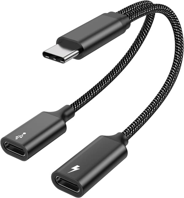 60W USB C Splitterkabel, hurtigopladende Type C Splitterkabel med dataoverførsel, 2 i 1 USB C Splitteradapter til iPhone 15, Macbook, Xbox, Laptop black