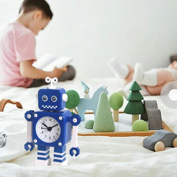 Robot Vækkeur Lydløs Rustfrit Stål med Blinkende Lys Øjne til Børneværelsesindretning Blå 7 Tommer