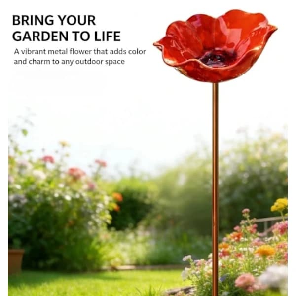 Fuglebad i metal med blomsterdesign, håndlavet vejrbestandig havefugle- og insektfoder til terrasse, rød