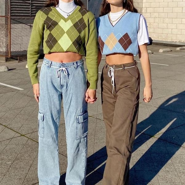IC Kvinde Argyle Strikket Trøje Langærmet Preppy England X-Large