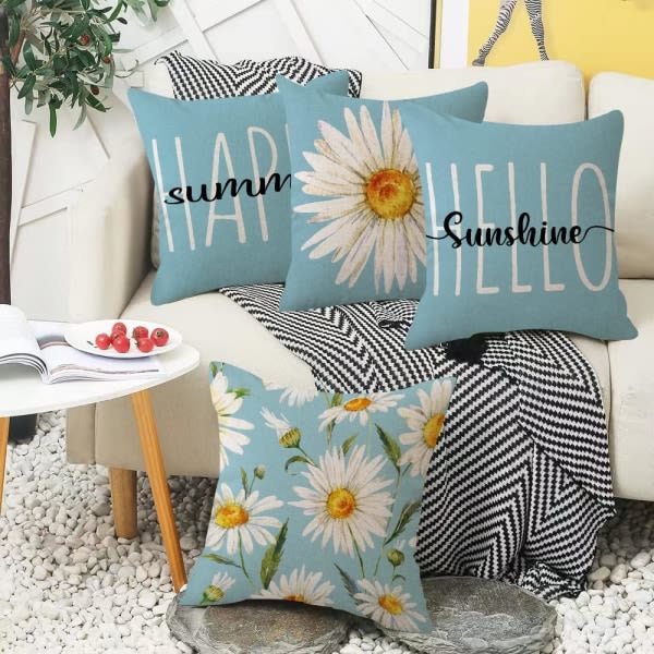 IC Sommarkuddfodral 18x18 Set med 4 Farmhouse-kuddfodral Linne Blommigt Dekorativt Case för Bäddsoffa Utomhus (18\" x 18\", Blå)