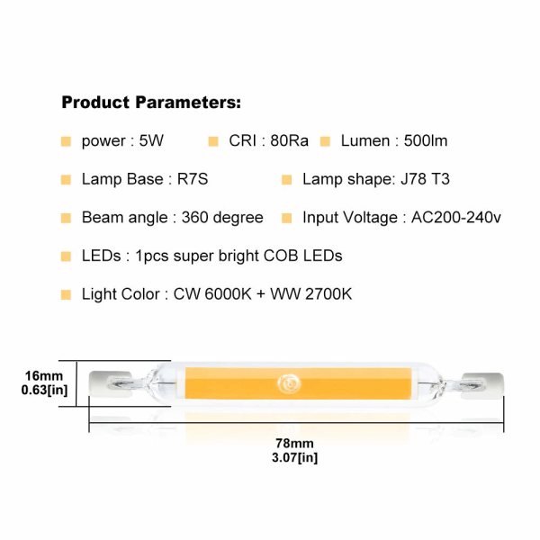 IC 5W R7s 78MM J78 COB LED-pære, 500 lumen 360 grader