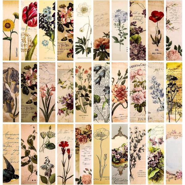 IC Vintage pappersbokmärken, 30 st Bokmärken i naturlig stil Retro pappersbokmärken Söta bokmärken Estetiska bokmärken för botaniska blommor