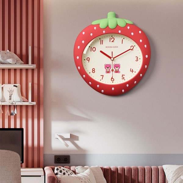 IC Dekorativ jordgubbsväggklocka 12 tums tyst, ej tickande batteridriven Söta tecknade klockor för vardagsrumsinredning, kök (röd)
