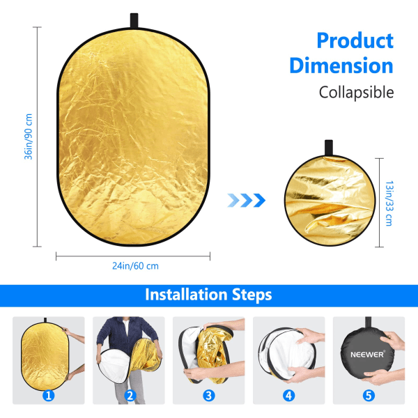 IC 5-i-1 hopfällbar ljusreflektor 60x90 cm 24x36 tum guld/silver