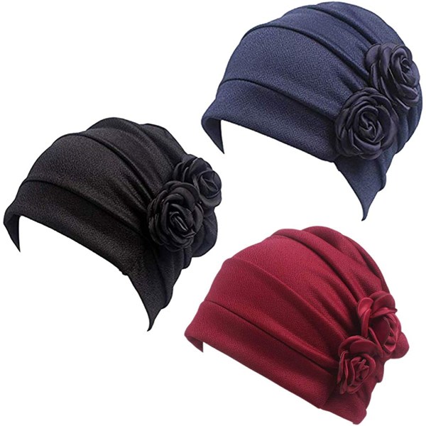 3 delar Dam turbaani blommössor Vintage Beanie Headscarf Musta + viininpunainen + laivastonsininen