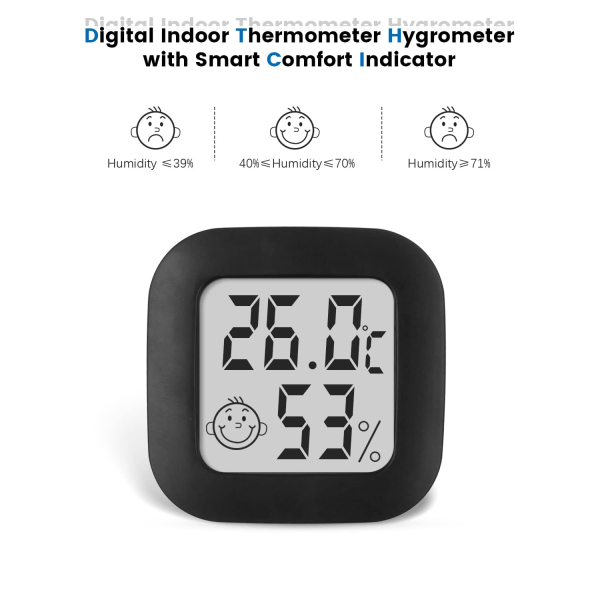 IC Mini Højpræcision Digital Indendørs Hygrometertermometer, Temperaturmonitor og Luftfugtighedsmåler, Termohygrometer Komfortniveauindikator (4,3 cm*4.