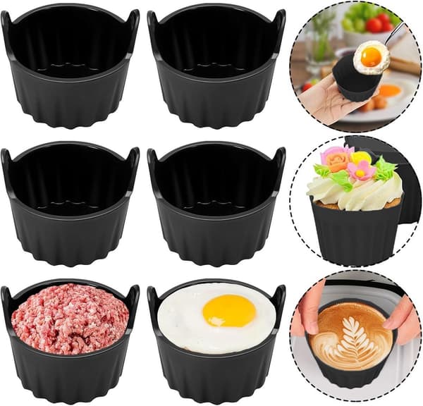 6-dels tilbehør til eggform – passer til alle airfryere – svarte eggformer i silikon – non-stick-belegg