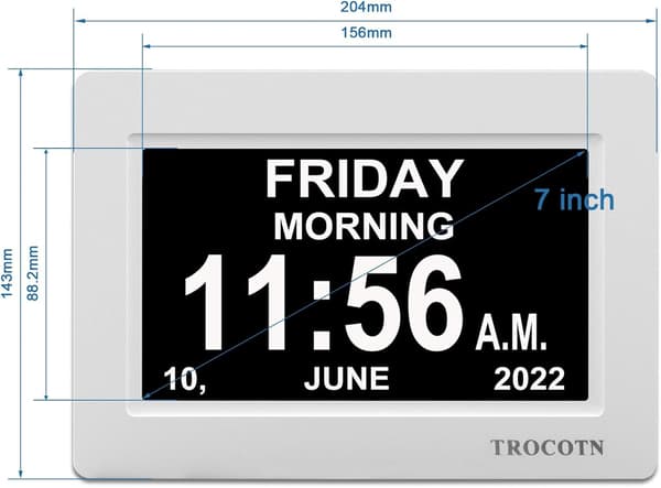 7-tums digital kalenderklocka med dag, datum och tidsvisning, automatisk dimning väckarklocka för seniorer och sovrum, vit White