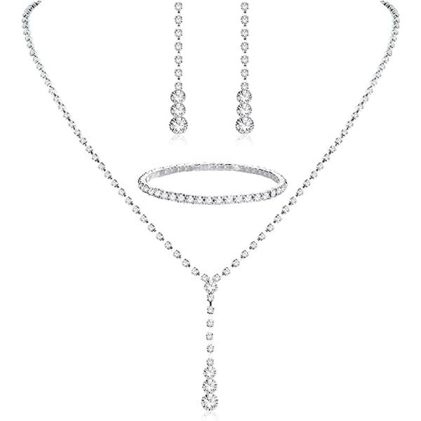 IC Silver brudsmycken Set Strass Halsband Armband Dingla örhängen för brud Brudtärna Teardrop hänge Crystal Bröllop