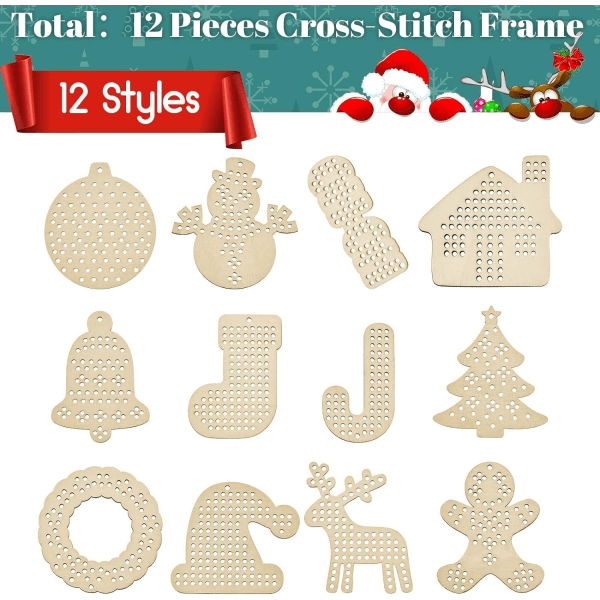 12 stycken julkorsstygn i trä - diverse mönster för hantverk och prydnadsföremål