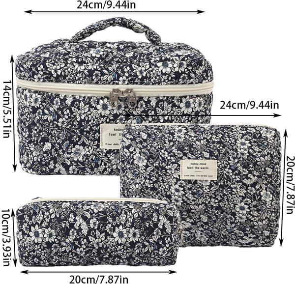 Skycases 3-pack sminkväskor, quiltad blommig bomullspåse, tvättbar resenecessär för kvinnor, marinblå