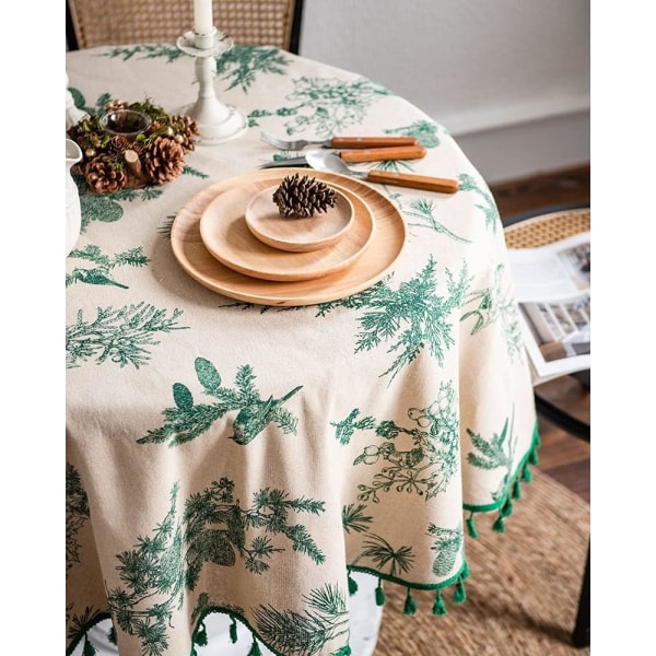 IC Pinetree Runda dukar Bomull Linne Bordsdukar Bordsdukar med tofsar för kök Matbord Restaurangdekoration (grön, diameter 59")