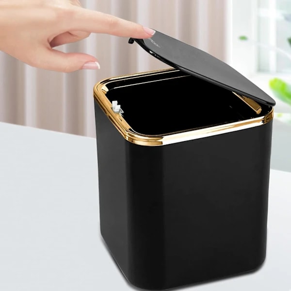 Mini Trash Can with Lid 2L, Small Kitchen Waste Bin (Black)