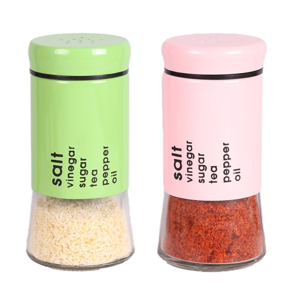 IG Salt- och pepparskakare i glas med justerbara hällhål pink + green