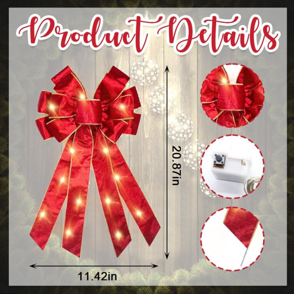 Stora LED julrosetter för krans, LED god jul krans rosett Röd sammet