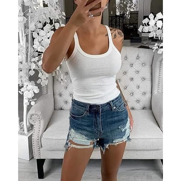IC Ærmløs Tank Top Dame Formpassende Scoop Neck Ribbet Basic Cami-Top (Store)