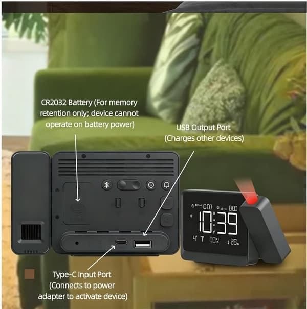 Digital projektionsväckarklocka med stor LED-display, Bluetooth-tidssynkronisering, USB-laddningsport, justerbar volym, sovrum, svart