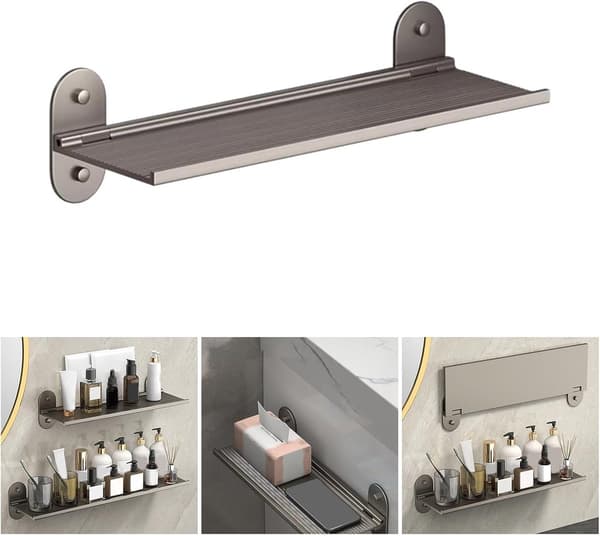 Sammenleggbar baderomshylle, aluminiumslegering, rustbestandig, ingen boring nødvendig, plassbesparende for små bad, grå, 40 cm