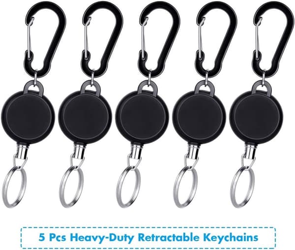 5 Pieces - Heavy Duty Retractable Keychain - Robust Key Ring - Outdoor Carabiner - Key Chain - Strong and Durable