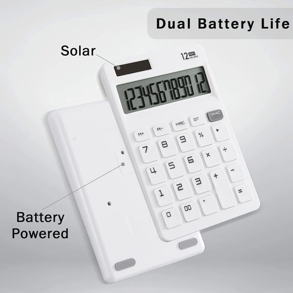 IC Pöytälaskin suurilla painikkeilla, 12-numeroinen vakiokokoinen LCD-näyttö Aurinko- ja paristokäyttöinen toimistoon, kouluun, kotiin ja yrityksiin - Valkoinen