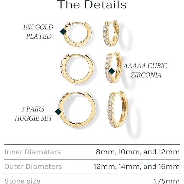 18K guldpläterad 925 sterlingsilverstift, 3 par små guldörhängen set | Mini brosk helix Huggie Hoop Pack för kvinnor män 8mm 10mm 12mm
