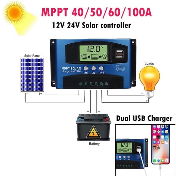 Aurinkolataussäädin, kaksois-USB LCD-näyttö, 12V 24V, MPPT 100A