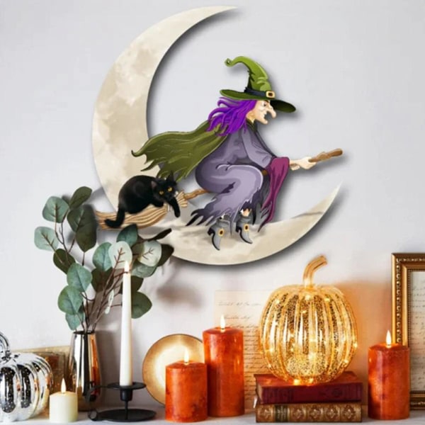 IC Halloween Witch Moon Väggdekor - Metallkonst med häx- og månmønster for hem, kontor og festdekorasjon