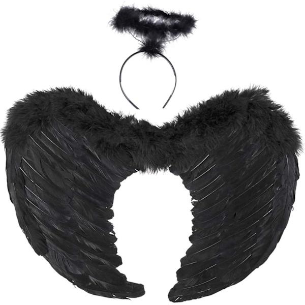 Enkelin siivet, musta, enkelipuku naisille, jossa halo ja mustat siivet, tytöille, höyhensiivet Fallen angel wings - black-45 cm