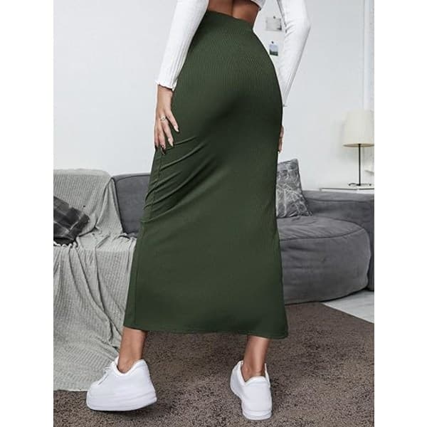 IC Dame Elastisk Midje Delad Lår Ribbstickad Lang Maxi Bodycon Blyantkjole