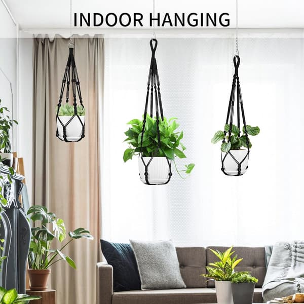 Makramé växthängare - Boho handvävd bomull med pärlor - Hängande krukhållare - Svart