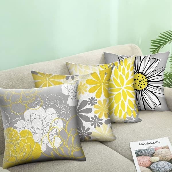 IC Gula pudebetræk 18x18 Sæt med 4 Grå dekorative betræk til sofa Moderne Daisy Case til stuen 18″×18″