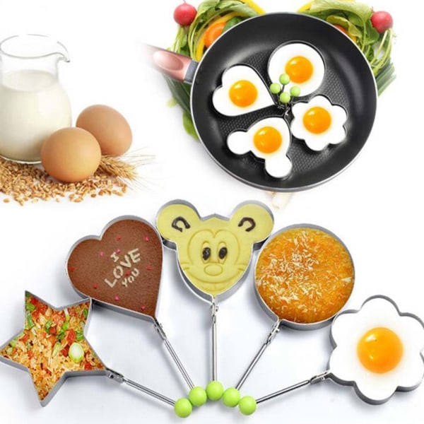 IC 5 stk Sett Stekt Egg Ringer Form Non Stick for Stekepanne, Eggformare Pannekaksmaskin med Håndtak, Rustfritt Stål