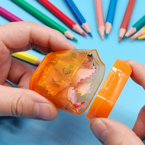IC 4-delad färg kompakt dubbelhål pennvässare med cover, bärbar pennvässare för reseskola kontor för barn och vuxna