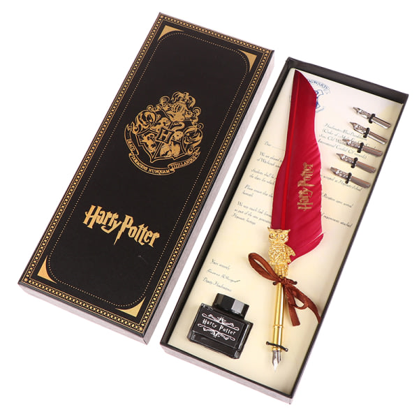 1Set Harry Potter fjäder dopp penna skrivbläck set som present vinröd